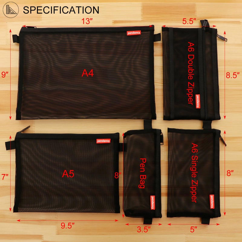 Pendancy Mesh Zipper Pouch 5pcs Lightweight Nylon File Folders Document Organizer Cosmetic Bags Accessories Storage for Travel and Office Supplies (Black, A4 A5 A6) - Image 2
